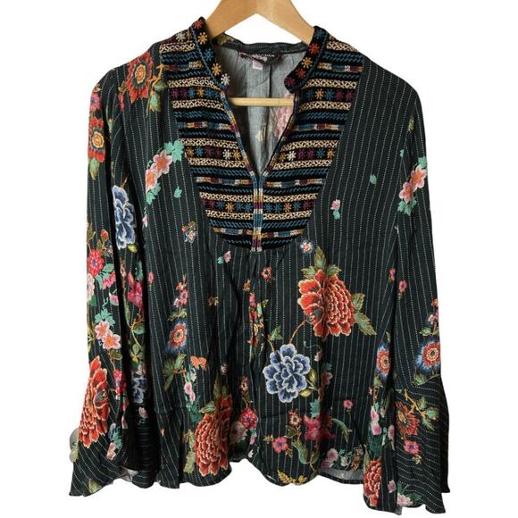 Johnny Was Black Floral Pin Stripe Print Blouse Top Women's Size S - Picture 1 of 8